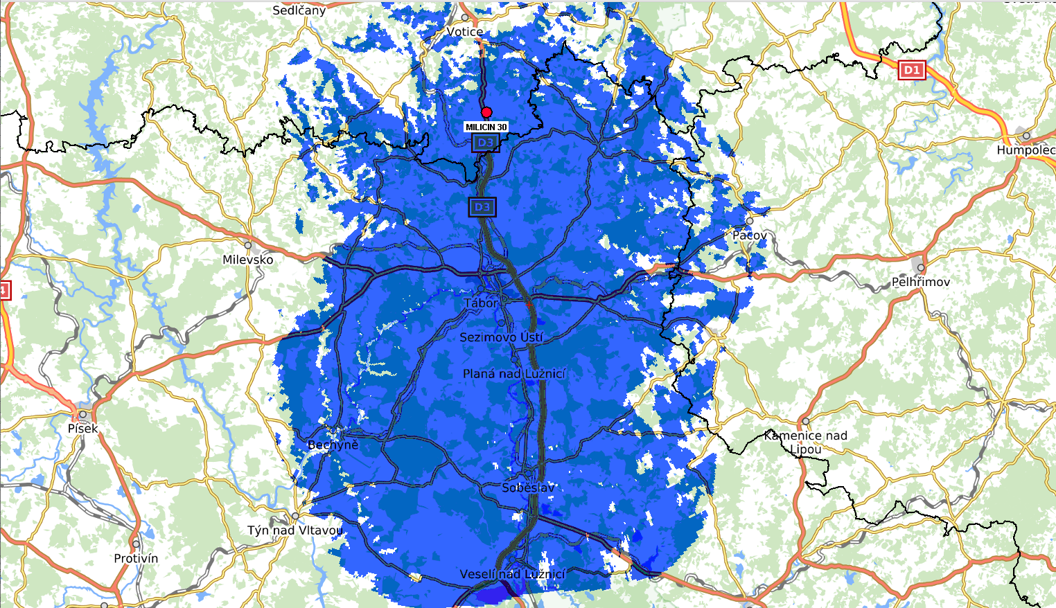 Multiplex 24: Miličín 30 k mapa pokrytí. 